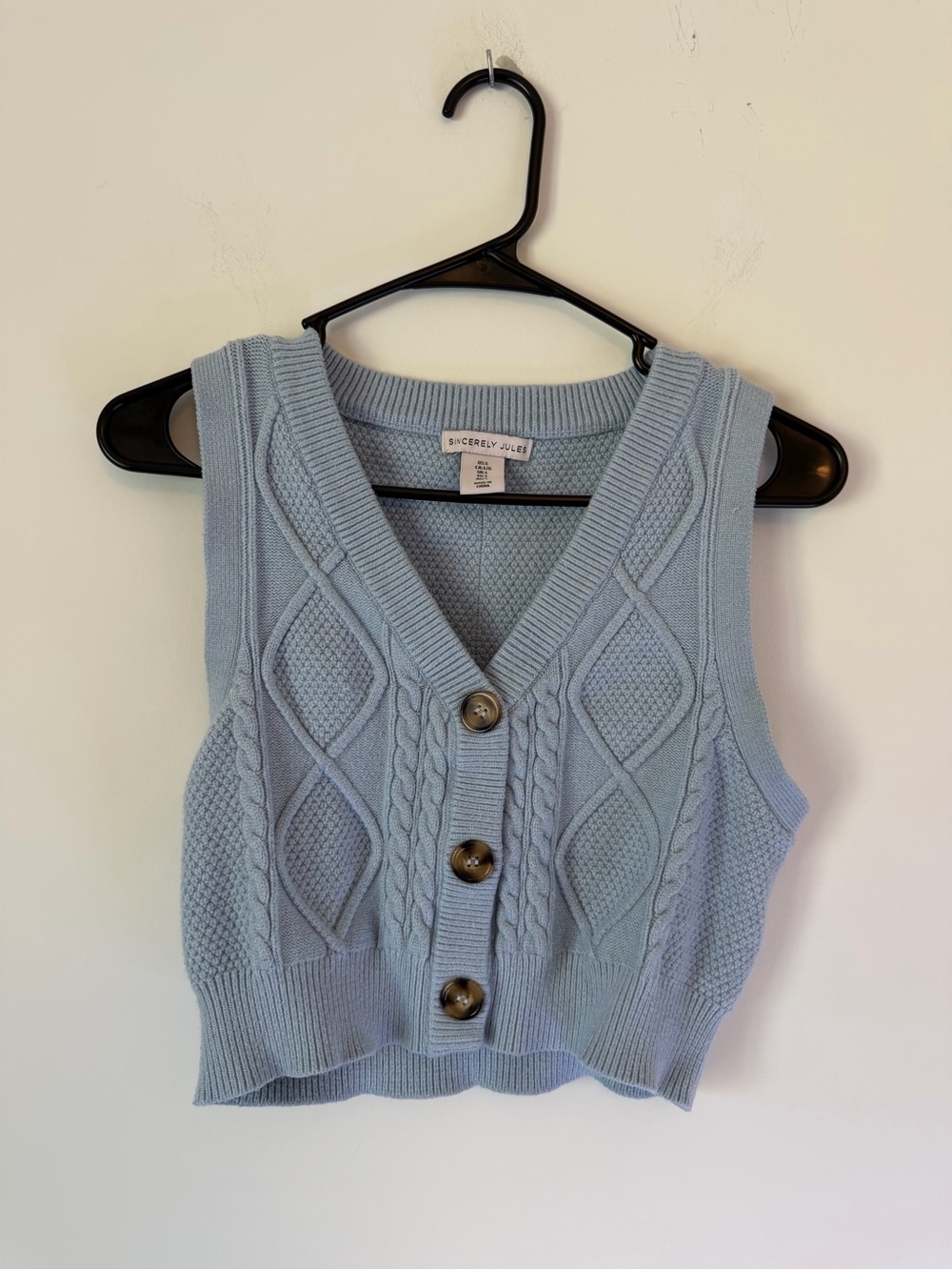 Sincerely Jules Light Blue Cable Knit V-Neck Button Sweater Vest
